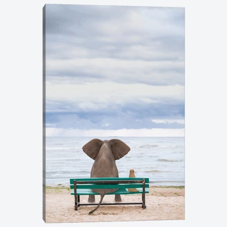 Elephant And Dog Sit On A Bench By The Sea II Canvas Print #MII195} by Mike Kiev Canvas Art Print
