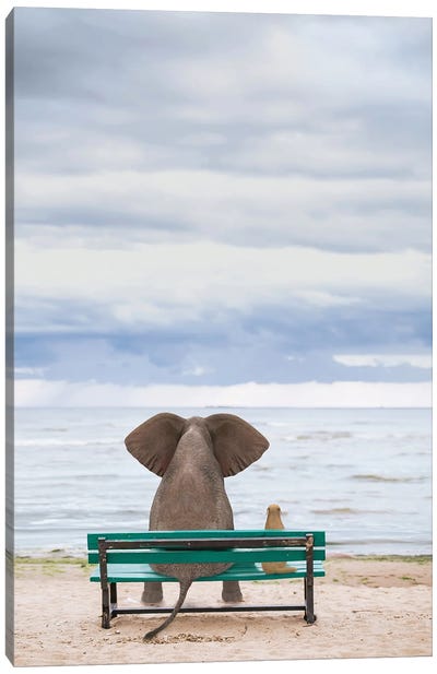 Elephant And Dog Sit On A Bench By The Sea II Canvas Art Print - Elephant Art