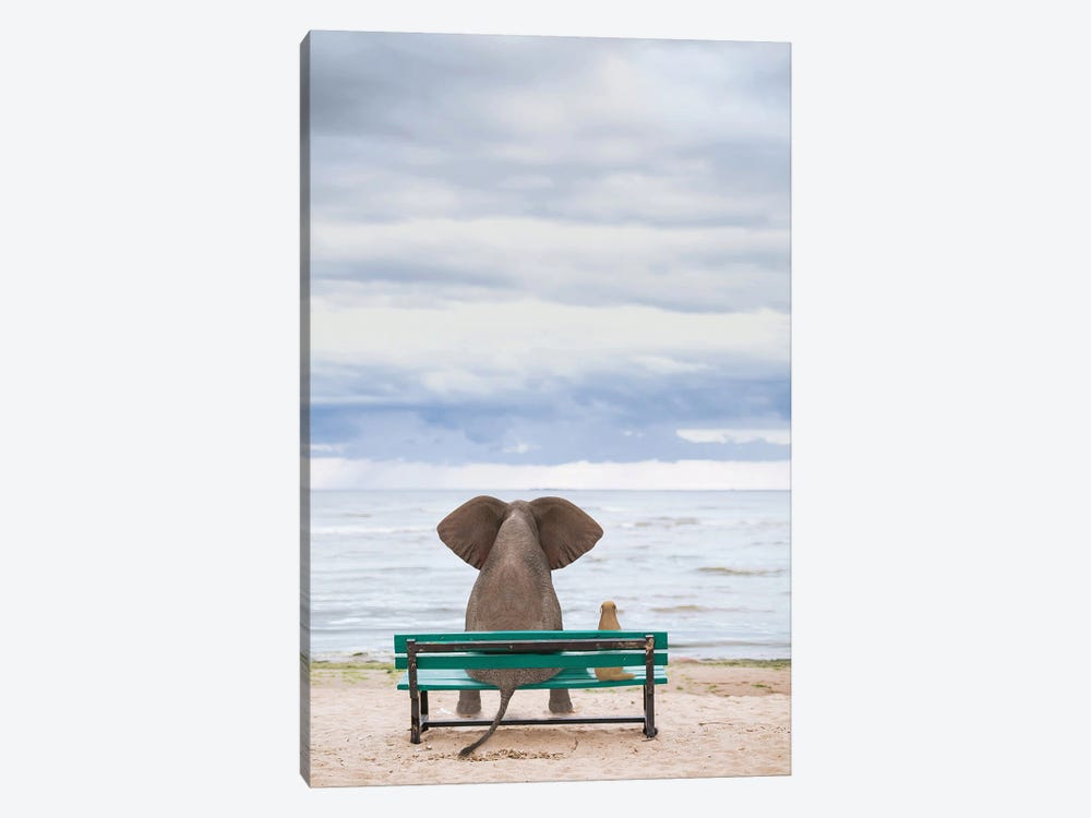 Elephant And Dog Sit On A Bench By The Sea II by Mike Kiev 1-piece Canvas Print