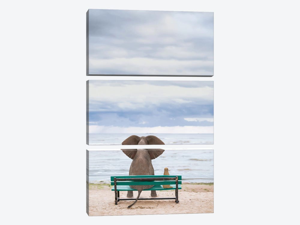 Elephant And Dog Sit On A Bench By The Sea II by Mike Kiev 3-piece Canvas Art Print