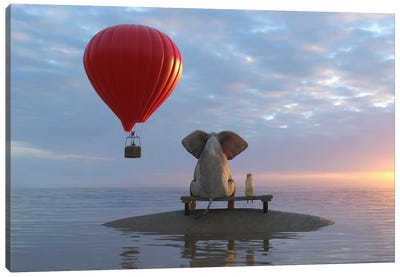 Elephant And Dog Sit On A Island And Looking On Hot Air Balloon Canvas Art Print - Animal Humor Art