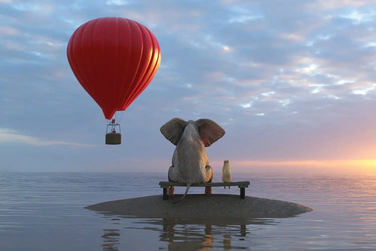 Elephant And Dog Sit On A Island And Looking On Hot Air Balloon by Mike Kiev wall art