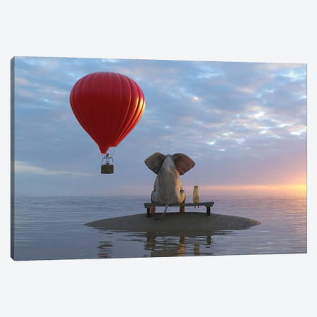 Elephant And Dog Sit On A Island And Looking On Hot Air Balloon Canvas Print #MII196} by Mike Kiev Canvas Art Print