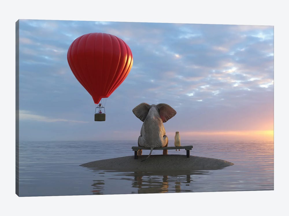 Elephant And Dog Sit On A Island And Looking On Hot Air Balloon by Mike Kiev 1-piece Canvas Wall Art