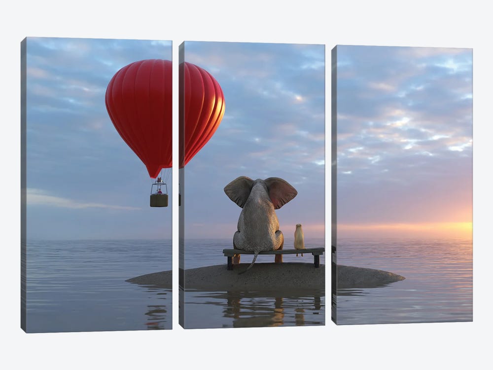 Elephant And Dog Sit On A Island And Looking On Hot Air Balloon by Mike Kiev 3-piece Canvas Wall Art