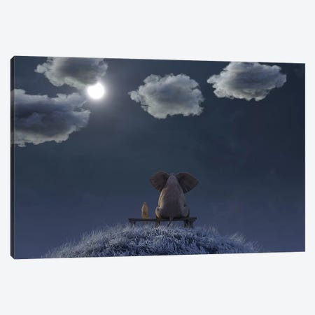 Elephant And Dog Are Sitting On A Meadow On A Moonlit Night Canvas Print #MII19} by Mike Kiev Canvas Art
