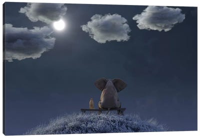 Elephant And Dog Are Sitting On A Meadow On A Moonlit Night Canvas Art Print - Mike Kiev