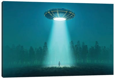 Flying Saucer At Night Canvas Art Print - Mike Kiev