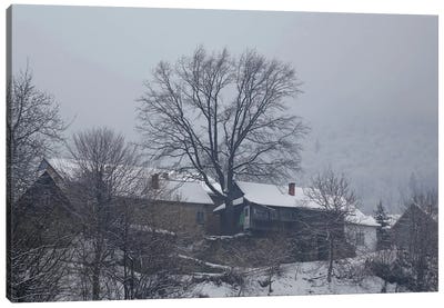Carpathian Village In Winter Fog Canvas Art Print - Mike Kiev