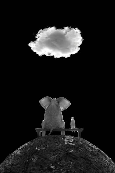 Elephant And Dog Sit On The Mountain And Look At The Cloud, B/W by Mike Kiev art print