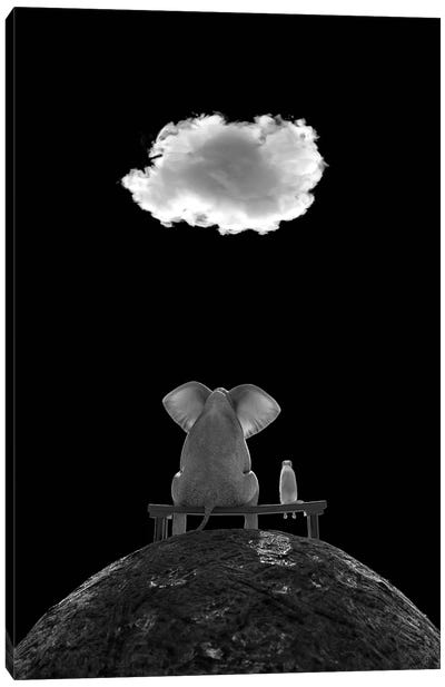Elephant And Dog Sit On The Mountain And Look At The Cloud, B/W Canvas Art Print - Mike Kiev