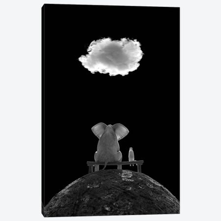 Elephant And Dog Sit On The Mountain And Look At The Cloud, B/W Canvas Print #MII204} by Mike Kiev Canvas Print