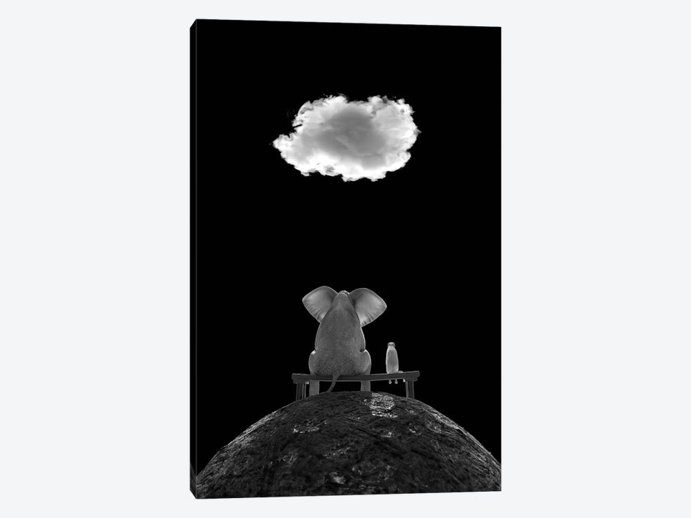 Elephant And Dog Sit On The Mountain And Look At The Cloud, B/W by Mike Kiev 1-piece Canvas Print
