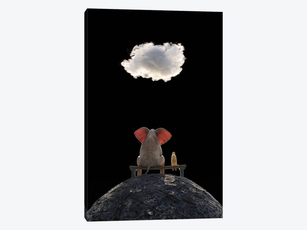 Elephant And Dog Sit On The Mountain And Look At The Cloud by Mike Kiev 1-piece Canvas Artwork