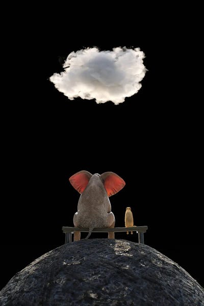 Dog Photography: Elephant And Dog Sit On The Mountain And Look At The Cloud by Mike Kiev