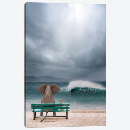Elephant And Dog Sit By The Sea In A Storm Canvas Print #MII207} by Mike Kiev Art Print