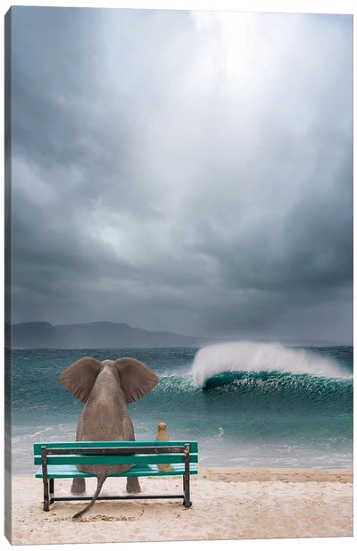 Elephant And Dog Sit By The Sea In A Storm Canvas Art Print - Mike Kiev