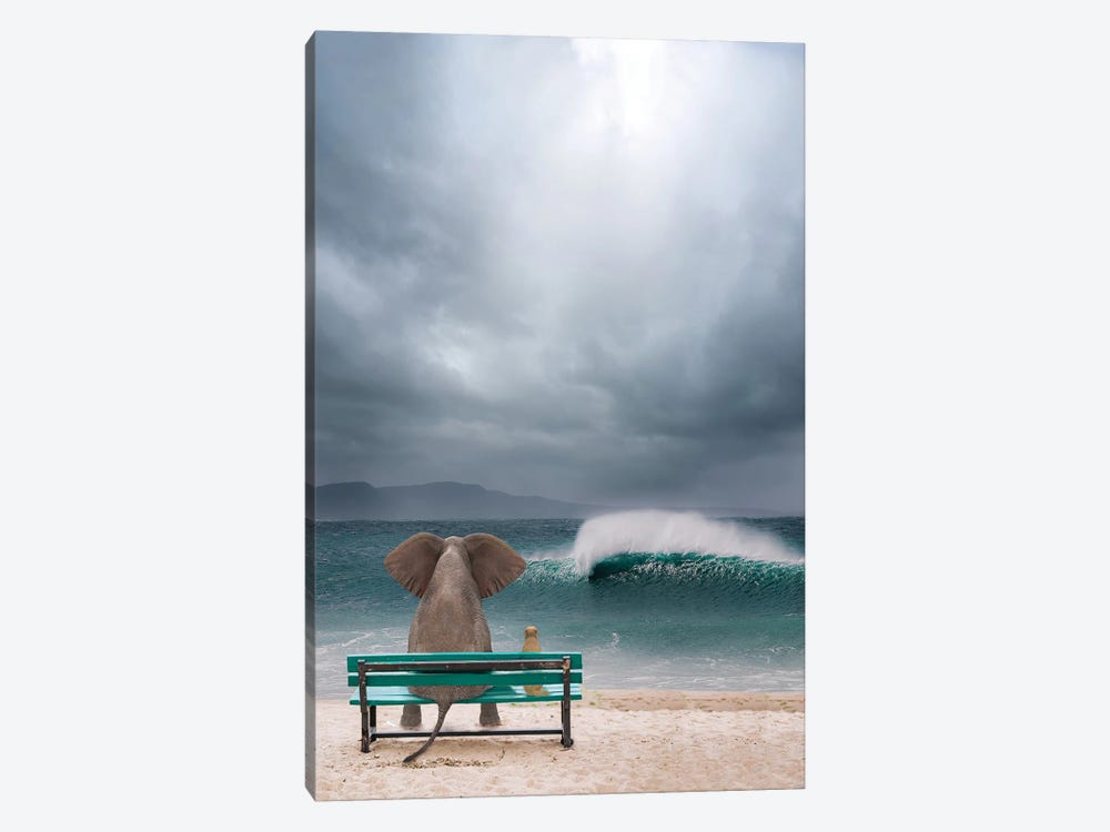 Elephant And Dog Sit By The Sea In A Storm by Mike Kiev 1-piece Canvas Wall Art