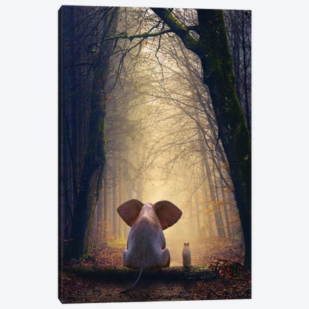 Elephant And Dog Sit In The Autumn Forest Canvas Print #MII209} by Mike Kiev Canvas Art