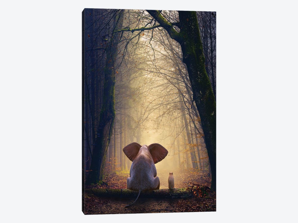 Elephant And Dog Sit In The Autumn Forest by Mike Kiev 1-piece Canvas Art