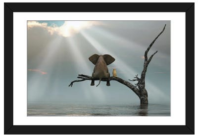 Elephant And Dog Are Sitting On A Tree Fleeing A Flood Framed Art Print
