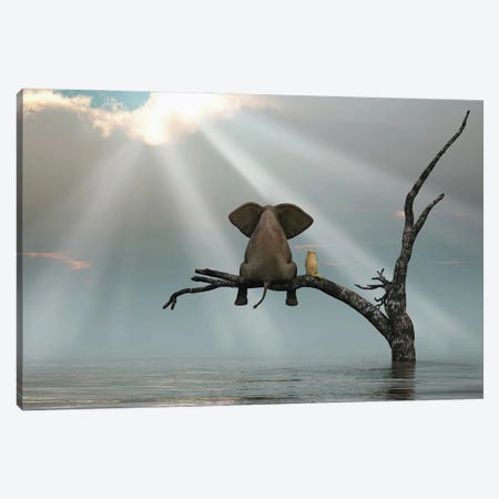 Elephant And Dog Are Sitting On A Tree Fleeing A Flood Canvas Print #MII20} by Mike Kiev Canvas Print