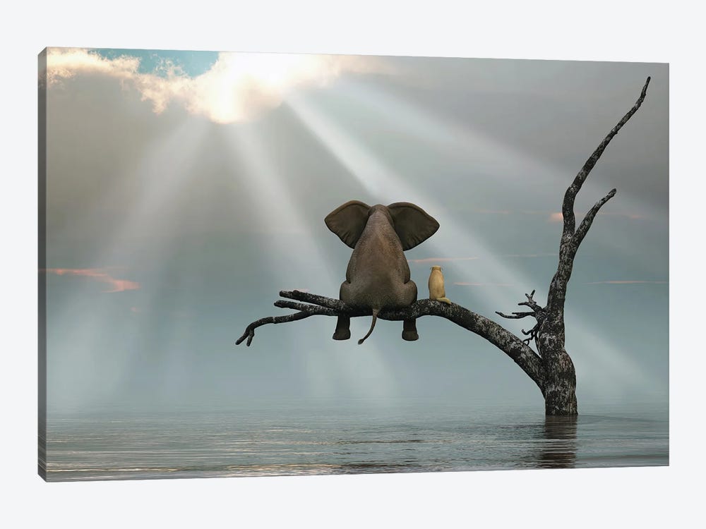 Elephant And Dog Are Sitting On A Tree Fleeing A Flood by Mike Kiev 1-piece Canvas Art