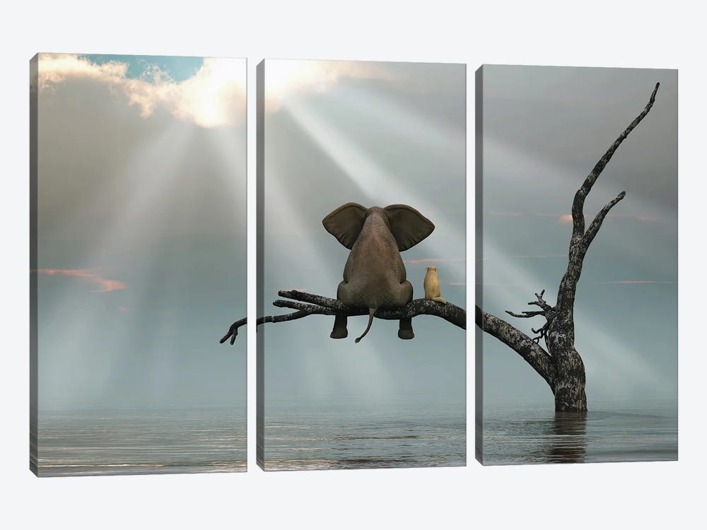 Elephant And Dog Are Sitting On A Tree Fleeing A Flood by Mike Kiev 3-piece Canvas Art
