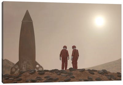 Two Astronauts On The Surface Of Mars Canvas Art Print - Mike Kiev