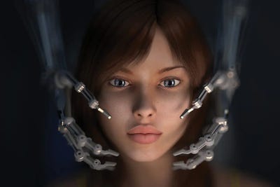 Girls Face In The Hands Of A Robot by Mike Kiev art print