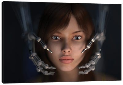 Girls Face In The Hands Of A Robot Canvas Art Print - Mike Kiev