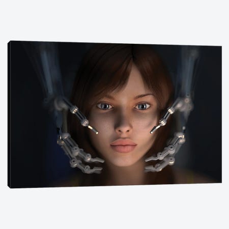Girls Face In The Hands Of A Robot Canvas Print #MII212} by Mike Kiev Art Print