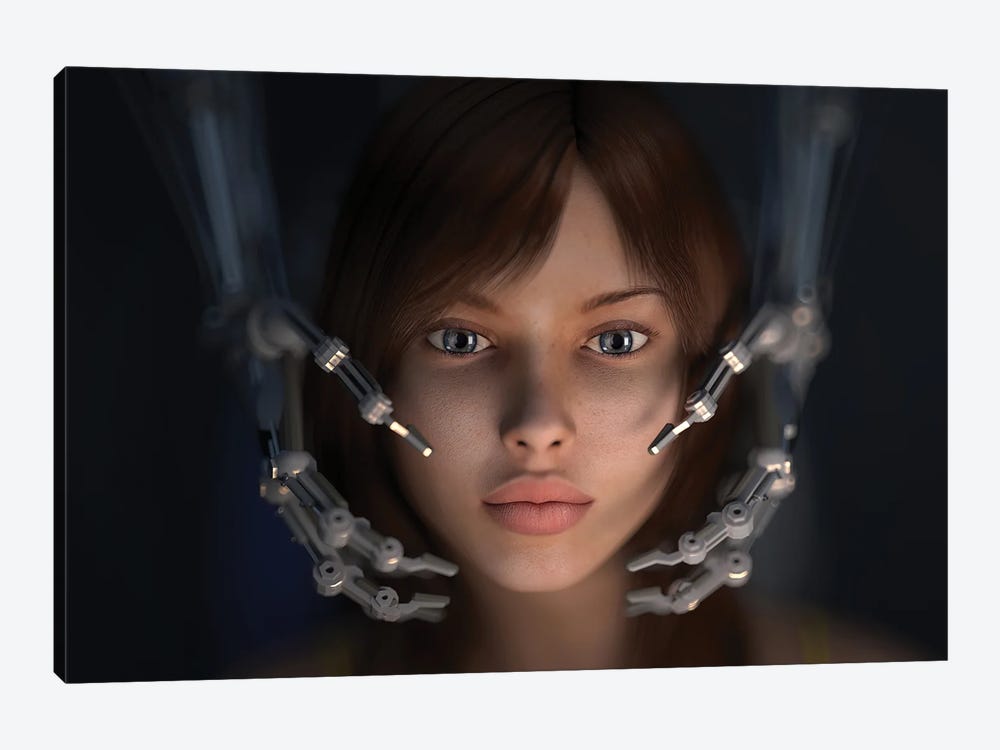 Girls Face In The Hands Of A Robot by Mike Kiev 1-piece Canvas Wall Art