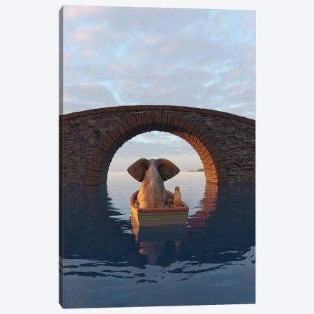 Elephant And Dog Float In A Boat Under The Bridge Canvas Print #MII214} by Mike Kiev Canvas Artwork