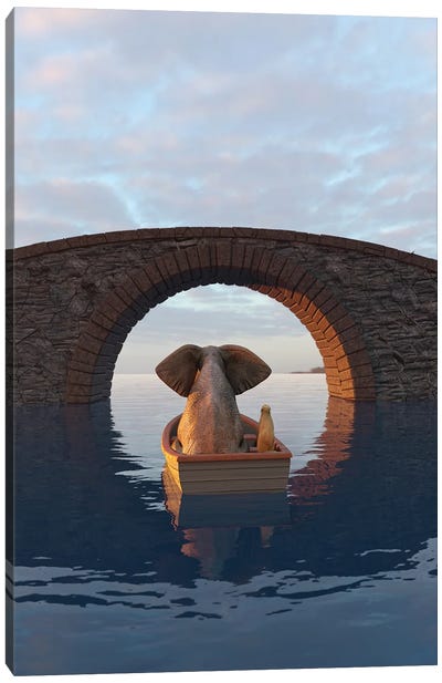 Elephant And Dog Float In A Boat Under The Bridge Canvas Art Print - Mike Kiev