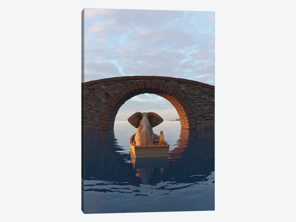 Elephant And Dog Float In A Boat Under The Bridge by Mike Kiev 1-piece Canvas Artwork