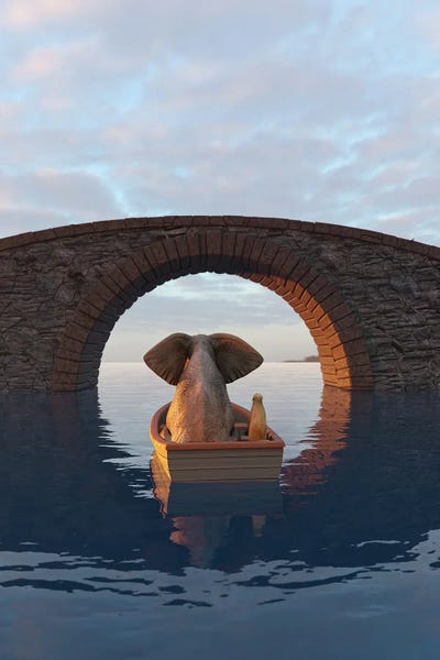 Mike Kiev: Elephant And Dog Float In A Boat Under The Bridge by Mike Kiev