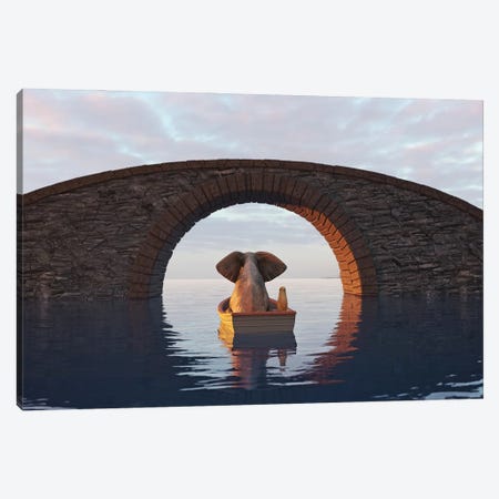 Elephant And Dog Float In A Boat Under The Bridge II Canvas Print #MII215} by Mike Kiev Canvas Wall Art