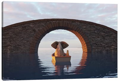 Elephant And Dog Float In A Boat Under The Bridge II Canvas Art Print - Mike Kiev