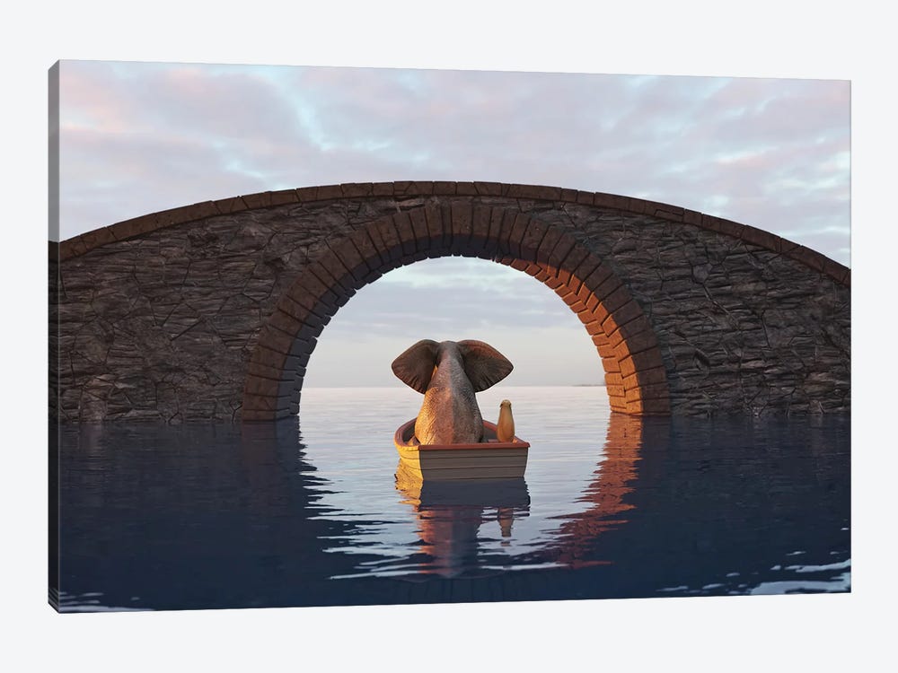 Elephant And Dog Float In A Boat Under The Bridge II by Mike Kiev 1-piece Canvas Print