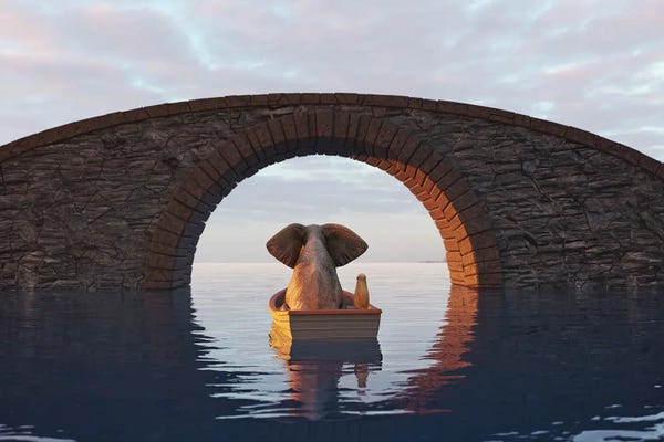 Mike Kiev: Elephant And Dog Float In A Boat Under The Bridge II by Mike Kiev