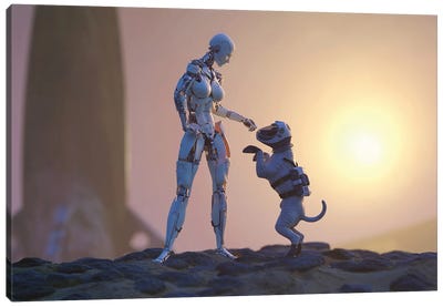 A Robot Playing With A Dog On The Surface Of Mars Canvas Art Print - Mike Kiev