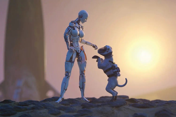A Robot Playing With A Dog On The Surface Of Mars by Mike Kiev wall art