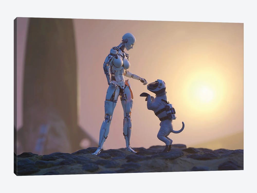 A Robot Playing With A Dog On The Surface Of Mars by Mike Kiev 1-piece Canvas Artwork