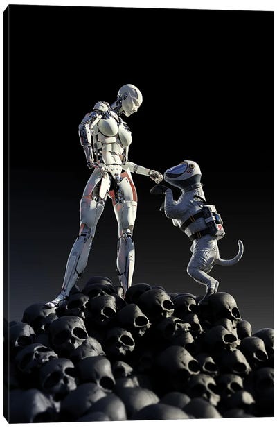 Robot And Dog Stands On A Pile Of Skulls Canvas Art Print - Mike Kiev