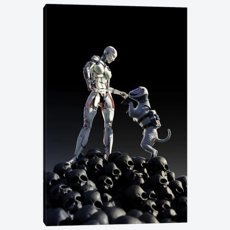 Robot And Dog Stands On A Pile Of Skulls Canvas Print #MII217} by Mike Kiev Canvas Artwork