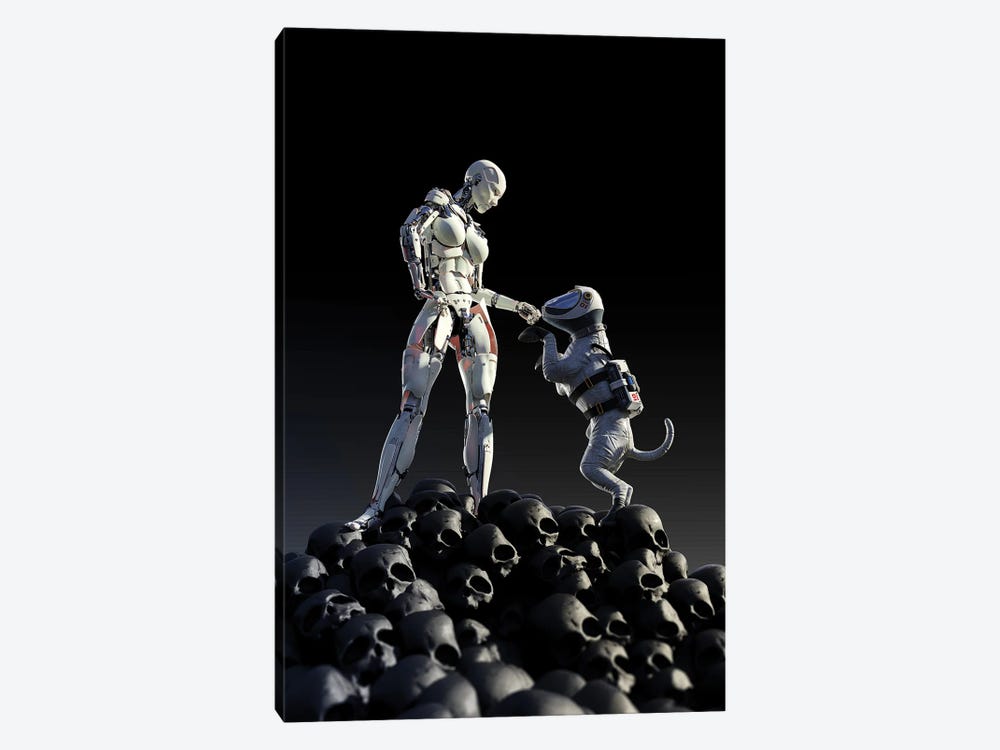 Robot And Dog Stands On A Pile Of Skulls by Mike Kiev 1-piece Canvas Print