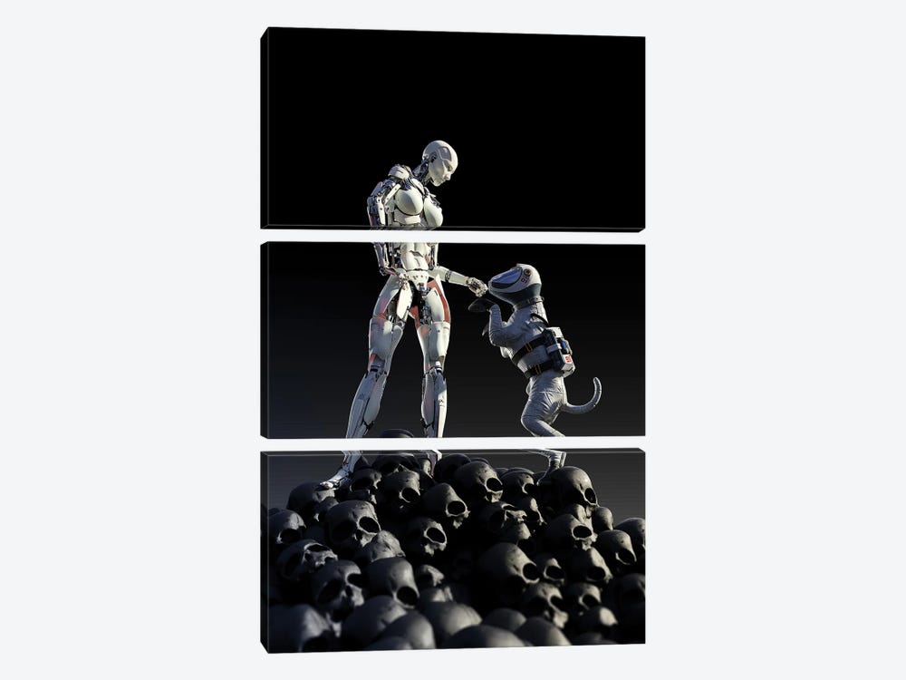 Robot And Dog Stands On A Pile Of Skulls by Mike Kiev 3-piece Canvas Print