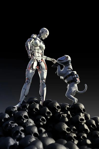 Robots: Robot And Dog Stands On A Pile Of Skulls by Mike Kiev