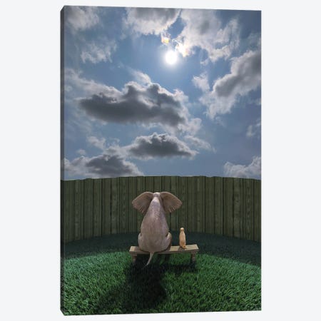 Elephant And Dog Sit By The Fence And Look At The Sky Canvas Print #MII218} by Mike Kiev Art Print